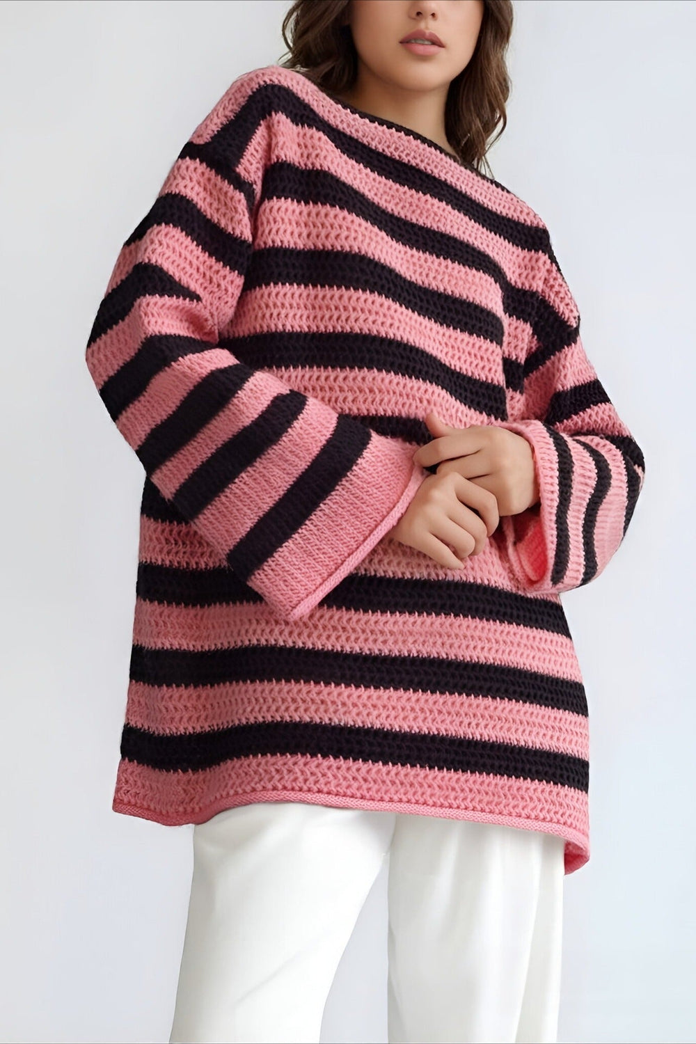 Striped Knit Casual Loose Sweater Pink / S