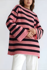 Striped Knit Casual Loose Sweater Pink / S