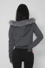 Fur Trim Hooded Zip Waist Jacket