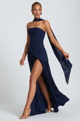 Solid Bustier High Slit Formal Dress S / Navy blue