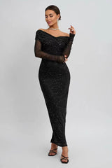 Strapless Mesh Long Sleeve Maxi Party Dress