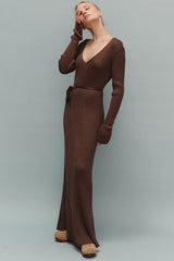 V-Neck Long Sleeve Knit Sweater Dress S / Brown