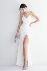 Long Satin Slit Halter Sheath Formal Dress