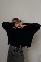 Edgy Distressed Crew Neck Solid Sweater