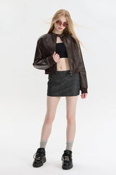 PU Leather Zip Up Bomber Jacket