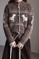 Vintage Stand Collar Puppy Print Jacquard Sweater