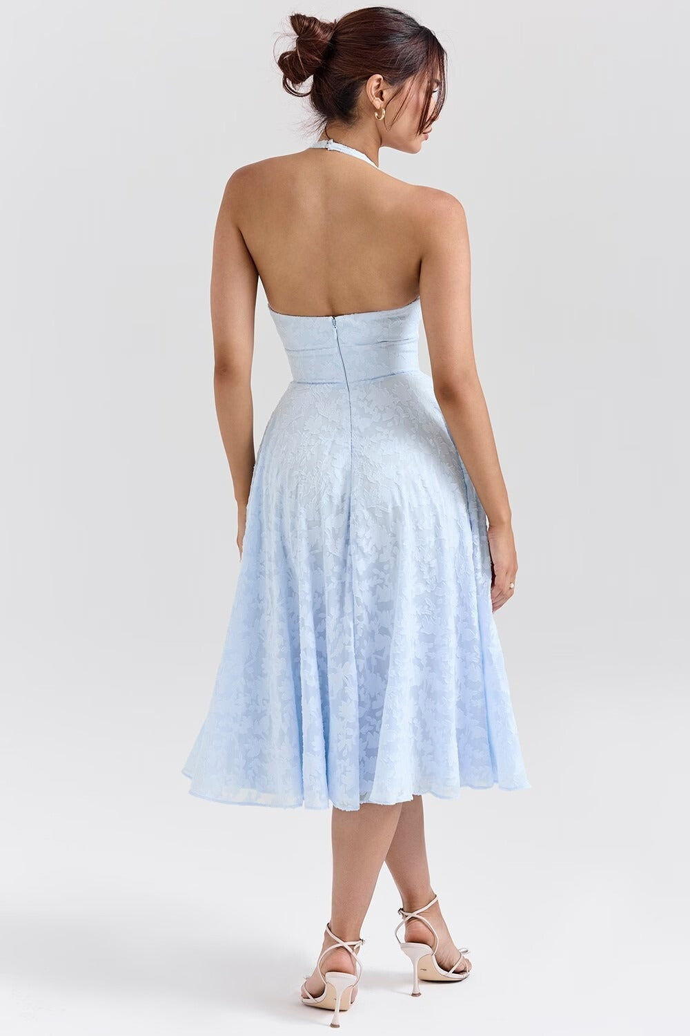 Romantic Blue Halter Jacquard Party Dress