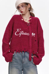Red Embroidered Raw Edge Wool Blend Sweater