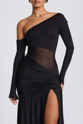 Sheer Pleated Off Shoulder Party Dress