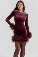 Knit Fuzzy Cuff Hem Cocktail Dress S / Red