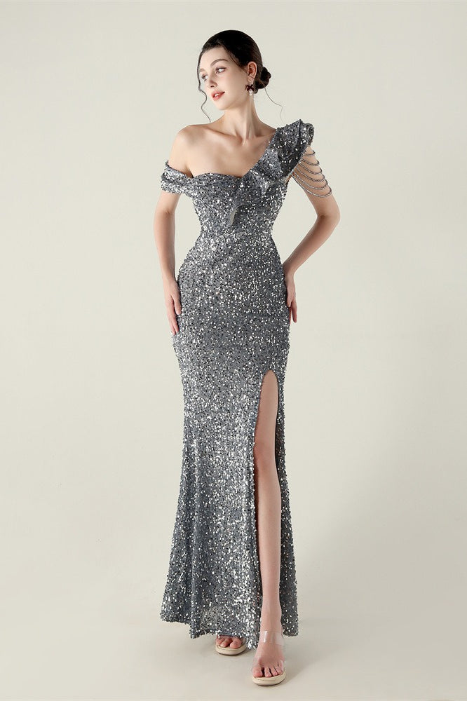 Draped One Shoulder Ruffle Formal Dress S / Grey