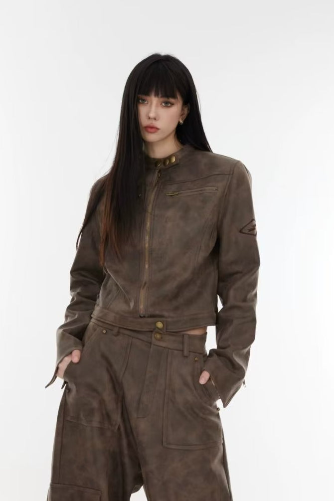 Cropped Tie-Dye Stand Collar Jacket