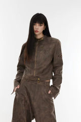 Cropped Tie-Dye Stand Collar Jacket