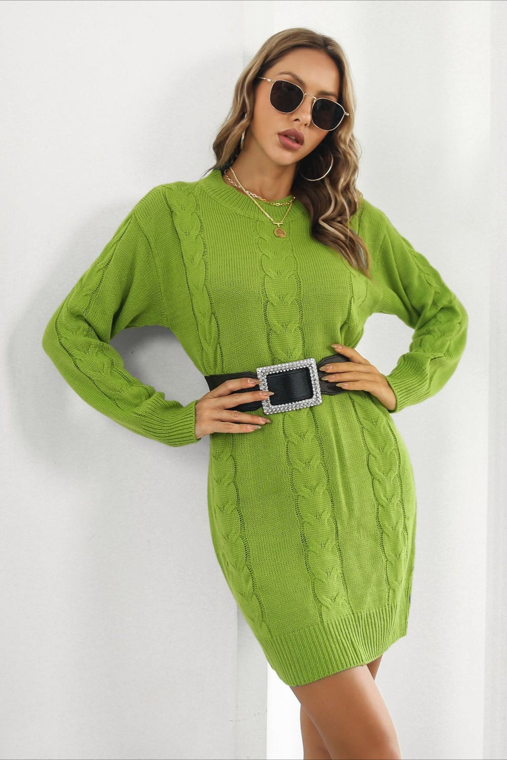Loose Fit Cable Knit Sweater Dress S / Green