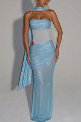 Sequin Sash Strapless Gown Dress