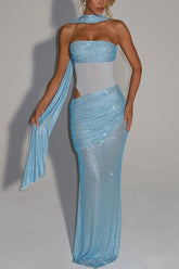 Sequin Sash Strapless Gown Dress