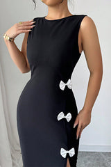 Bow Tie Slit Hem Bodycon Midi Dress