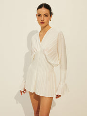 Pleated V Neck Long Sleeve Dress Dresses