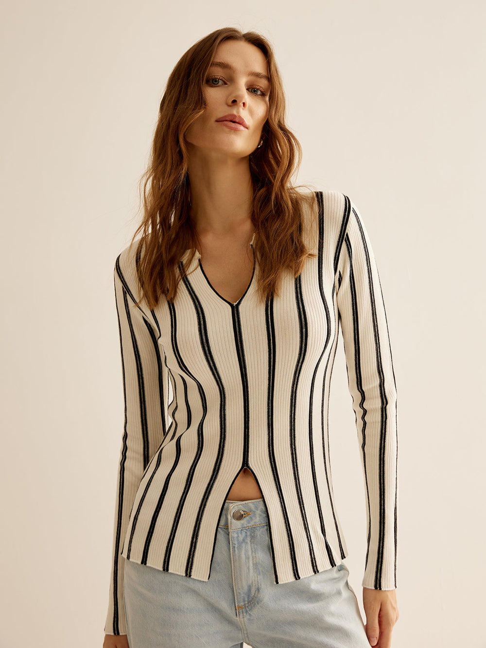 Split Pinstripe Slim Knit Top Knit Tops