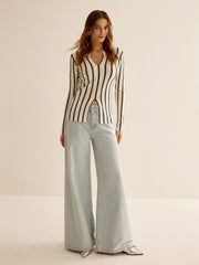 Split Pinstripe Slim Knit Top Knit Tops