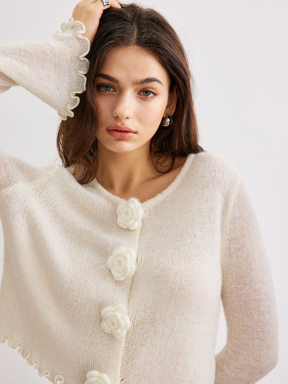 Wool Blend Lettuce Trim 3D Flower Cardigan Cardigans