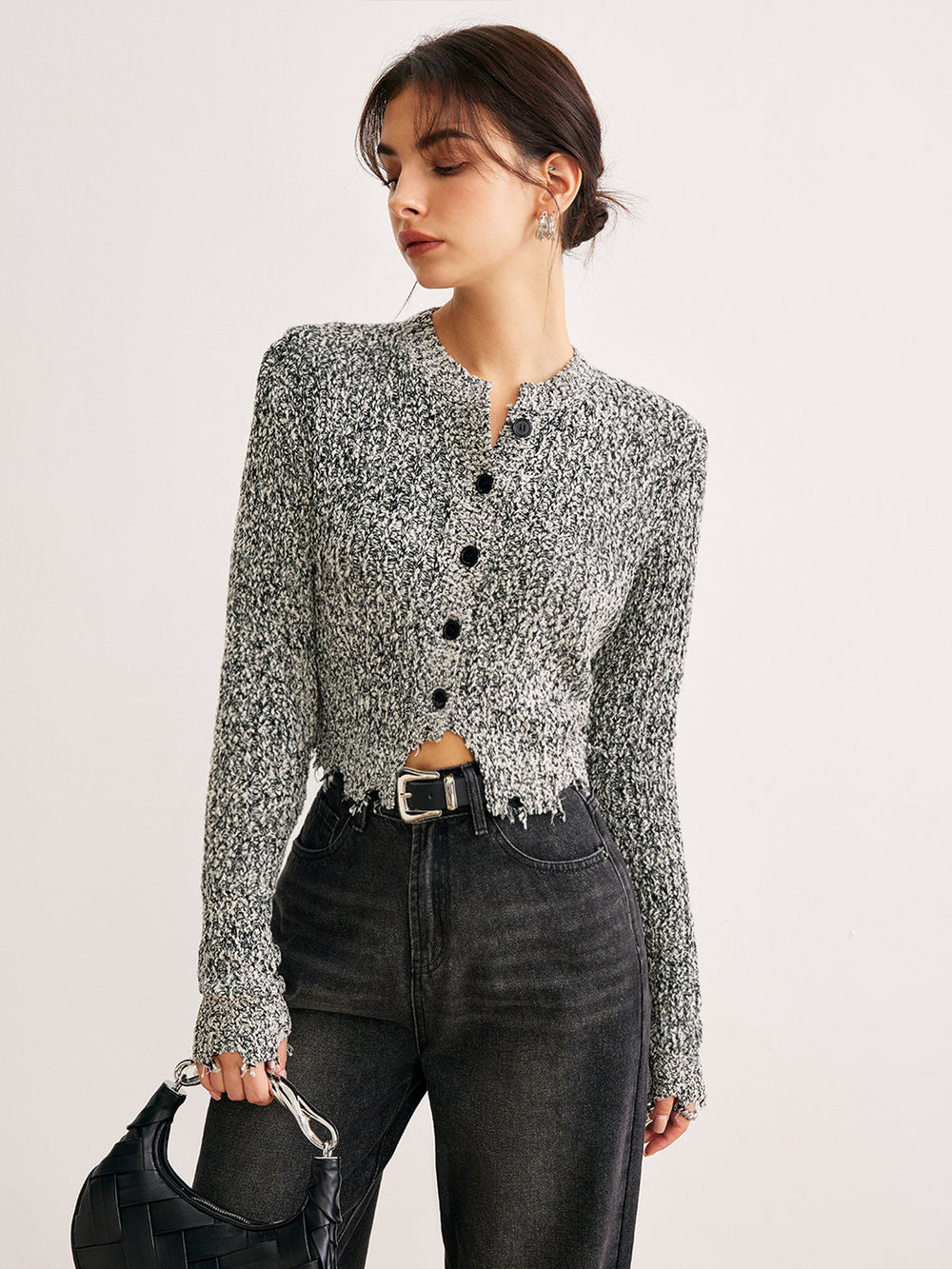 Raw Hem Button Slim Knit Top Knit Tops