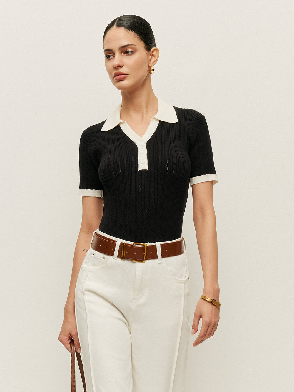 Collared Button Detail Ribbed Knit Top Black / S Knit Tops