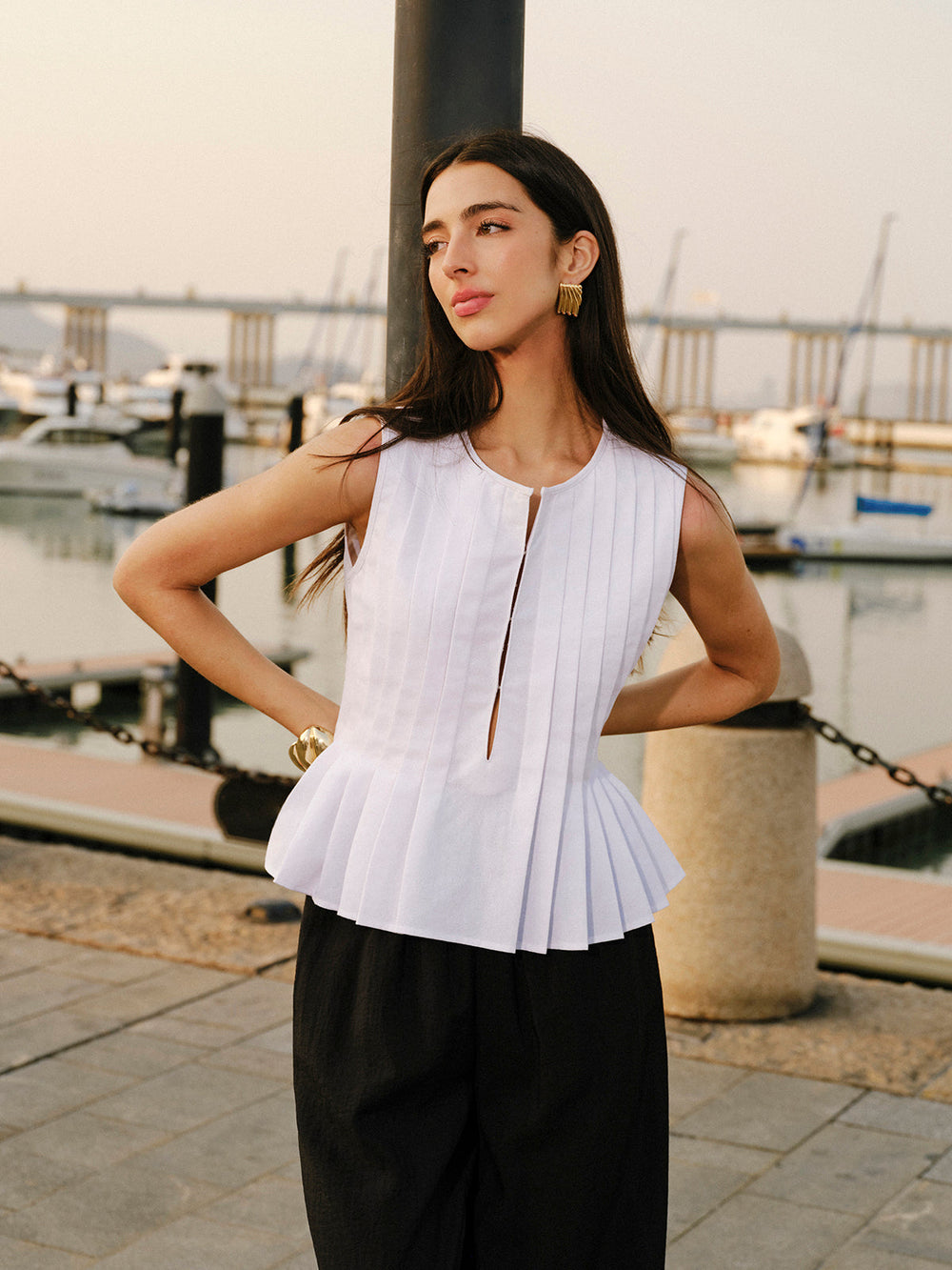 Cotton & Linen Pleated Back Tie Top Tank Tops & Camis