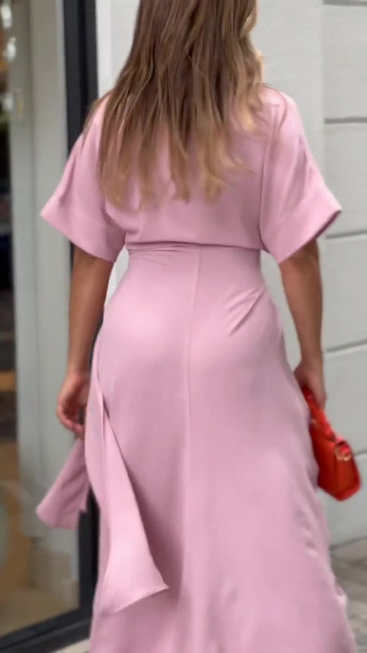 Essence Satin Tie Front Midi Shirt Dress - Lavender