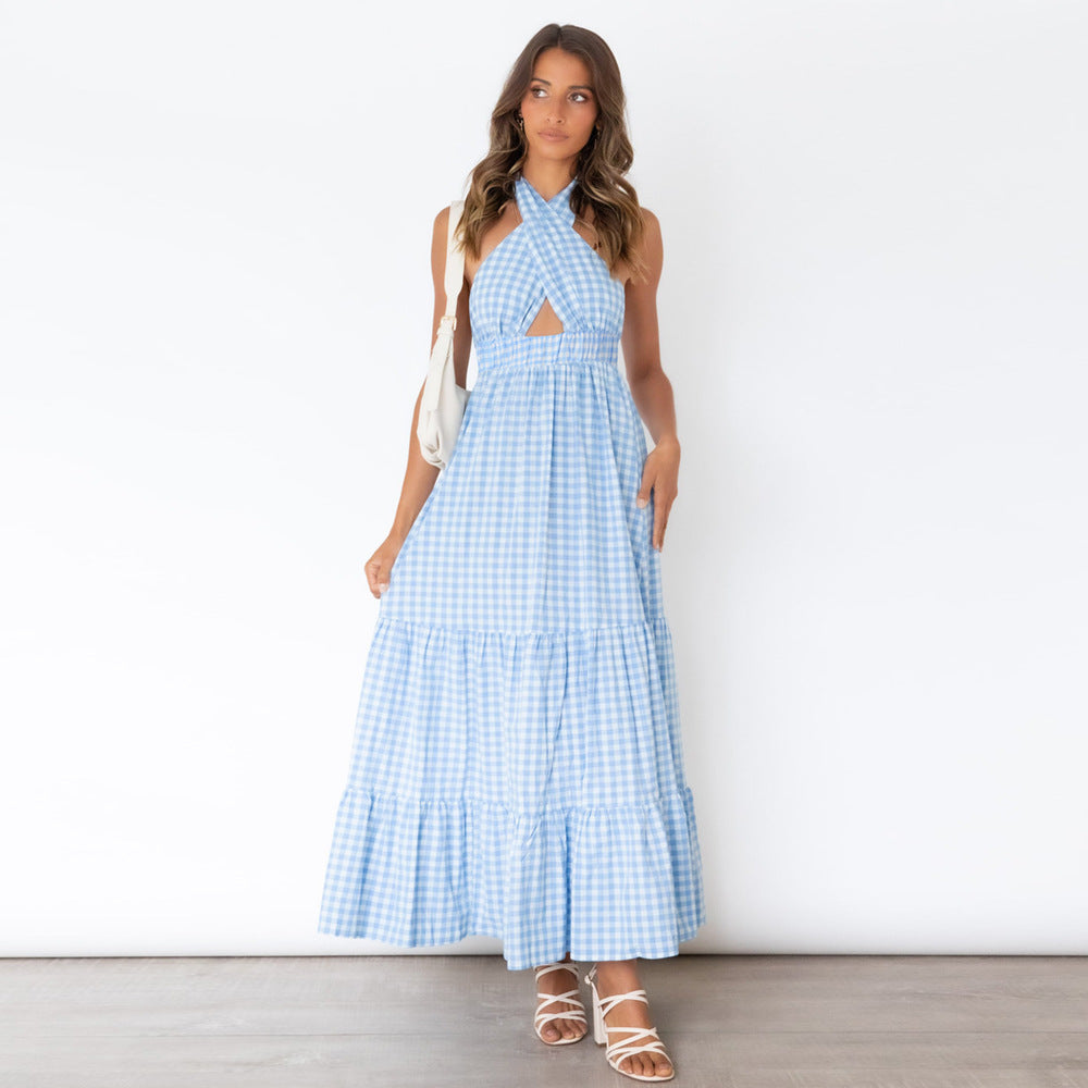 Pom Cotton Gingham Halter Midi Dress