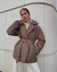 Tie Waist Cotton V-Neck Puffer Jacket S / Khaki