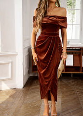 Velvet Off-the-shoulder Cocktail Dress S / Brown