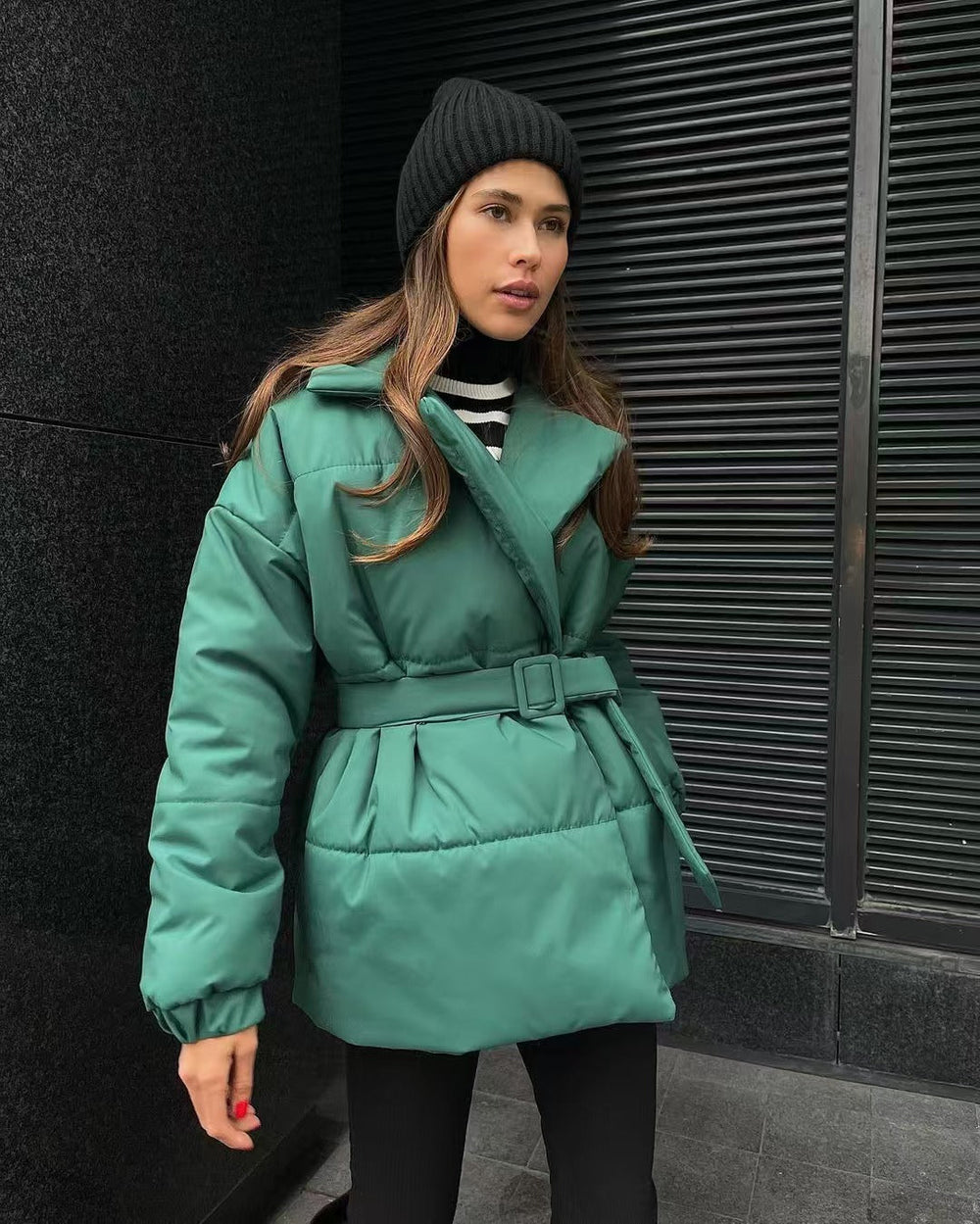 Tie Waist Cotton V-Neck Puffer Jacket