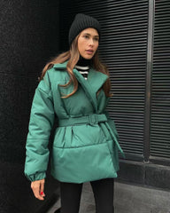 Tie Waist Cotton V-Neck Puffer Jacket