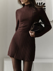 Long Sleeve High Neck Sweater Dress S / Brown