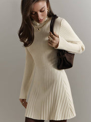 Long Sleeve High Neck Sweater Dress S / White