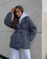 Tie Waist Cotton V-Neck Puffer Jacket S / Grey