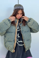 Vintage Washed Cross Embroidery Puffer Jacket S / Grey