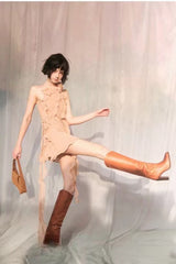 Asymmetric Rose Halter Mini Dress