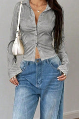 V Neck Striped Long Sleeve Blouse