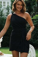 One-Shoulder Belted Asymmetrical Cocktail Dress