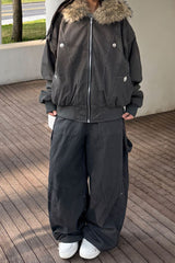 Black Short Puffer Fur Collar Jacket S / Grey