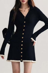 Black Contrast V-Neck Sweater Dress