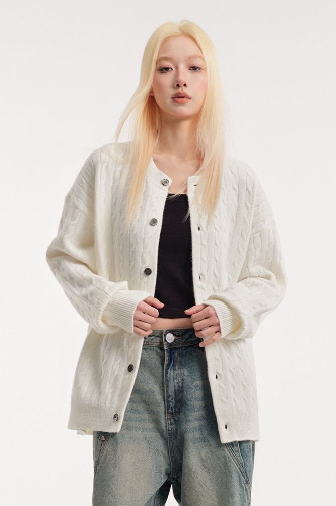 Relaxed Fit Cable Cardigan S / White