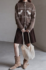 Vintage Stand Collar Puppy Print Jacquard Sweater