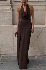 Brown Halter Backless Maxi Party Dress S / Brown