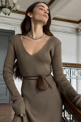 V-Neck Long Sleeve Knit Sweater Dress