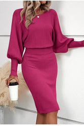 Crew Neck Lantern Sleeve Sweater Dress