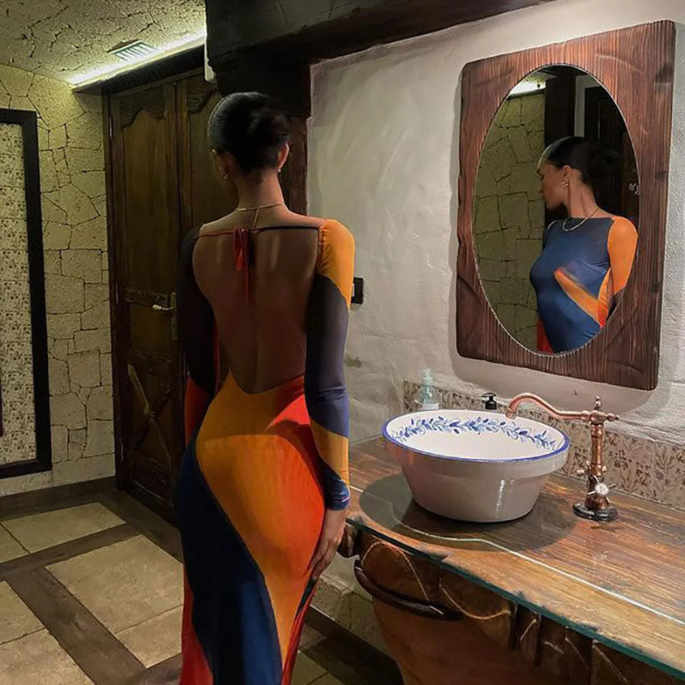 Abstract Boat Neck Long Sleeve Fishtail Maxi Dress Multicolor M / Multicolor Party Dresses L