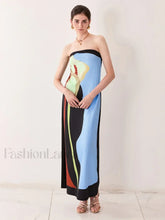 Abstract Strapless Loose Maxi Dress blue / S